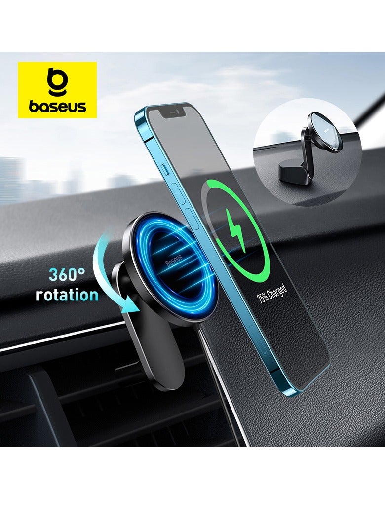iPhone 15 Pro Magsafe Car Wireless Charger Holder 2 In 1 Car Cradle Magnetic Wireless 15W USB Car Charger Magsafe For Dashboard Air Vent Car Holder Charger For iPhone 15 14 13 12 Series Black