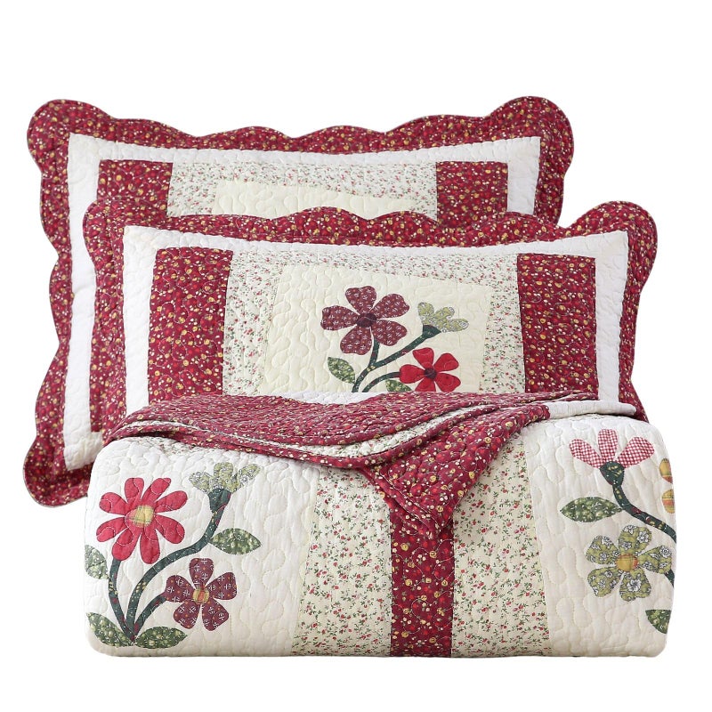 vctops Christmas Red 3 Piece Embroidered Floral Quilted Bedspread Quilt Set 100 Cotton Reversible Patchwork Coverlet Set 1 Quilt and 2 Pillow Shams RedQueen