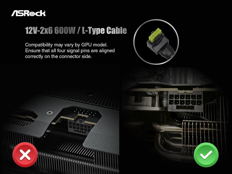 ASRock 12V-2x6 600W Power Cable | ATX 3.1 & PCIe 5.1 Compliant | L-Shaped GPU Connector | 16AWG HCS Terminals | for 750W+ ASRock Taichi/Phantom Gaming PSUs - Image 2