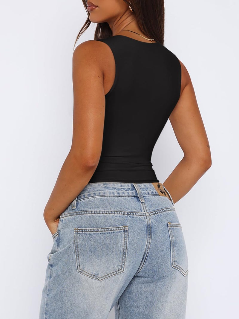 REORIA Womens Summer Sexy Sleeveless Square Neck Double Lined Going Out Cute Thong Bodysuit Tank Tops Black Small - Image 4