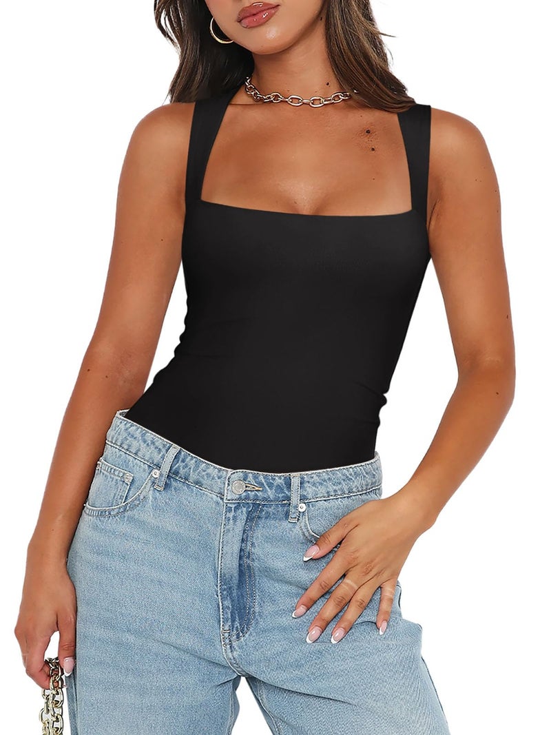 REORIA Womens Summer Sexy Sleeveless Square Neck Double Lined Going Out Cute Thong Bodysuit Tank Tops Black Small - Image 2