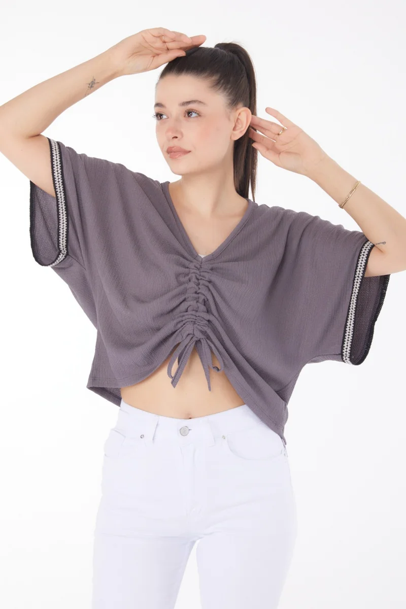 Tofisa Plain Medium Women's Anthracite V Neck Gathered Detail Blouse - 25837