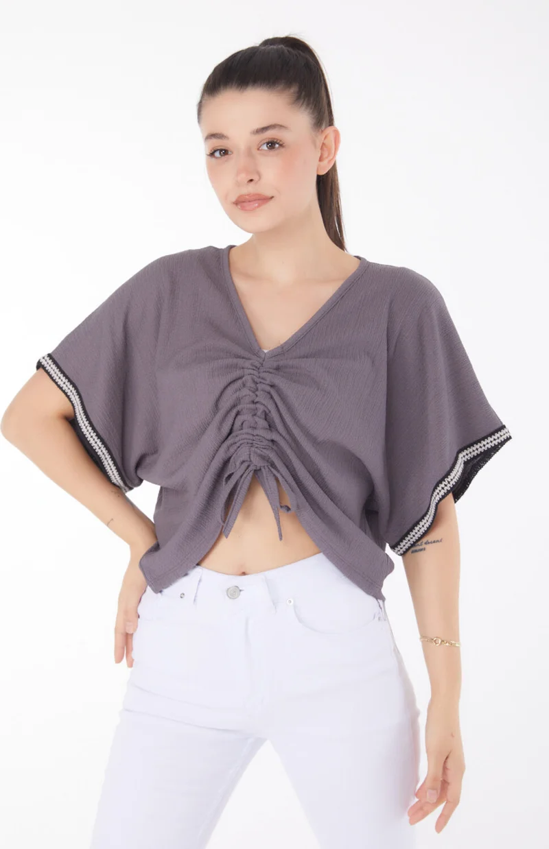 Tofisa Plain Medium Women's Anthracite V Neck Gathered Detail Blouse - 25837