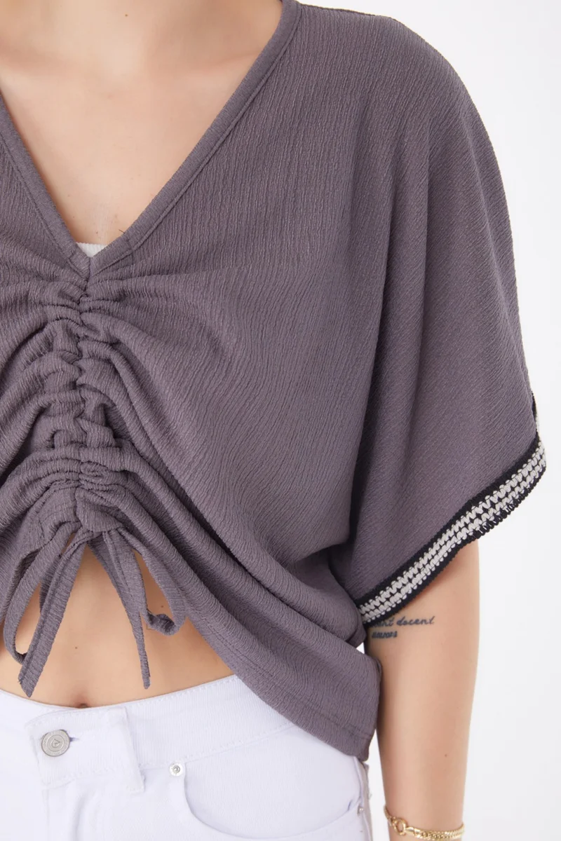 Tofisa Plain Medium Women's Anthracite V Neck Gathered Detail Blouse - 25837
