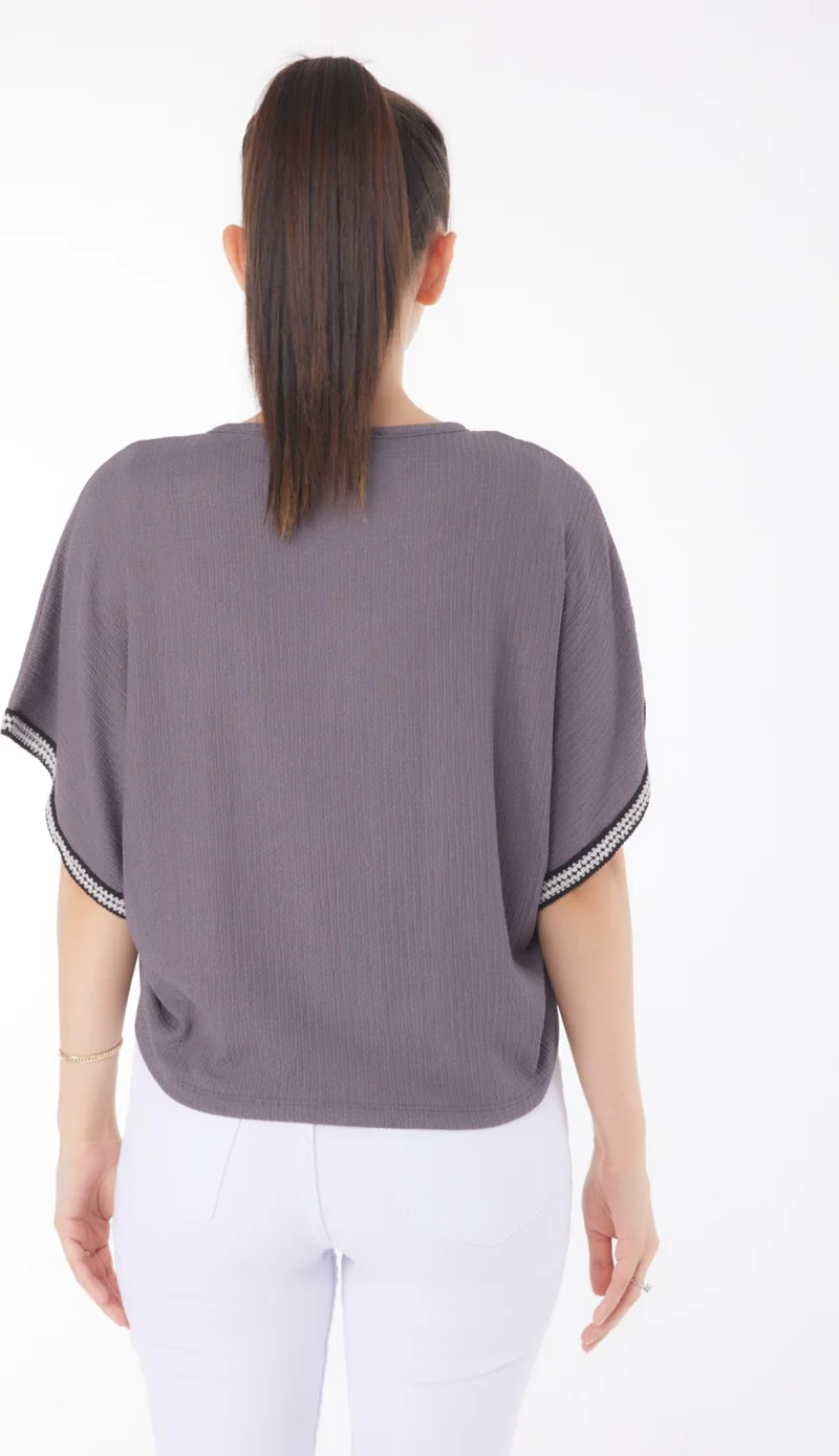 Tofisa Plain Medium Women's Anthracite V Neck Gathered Detail Blouse - 25837
