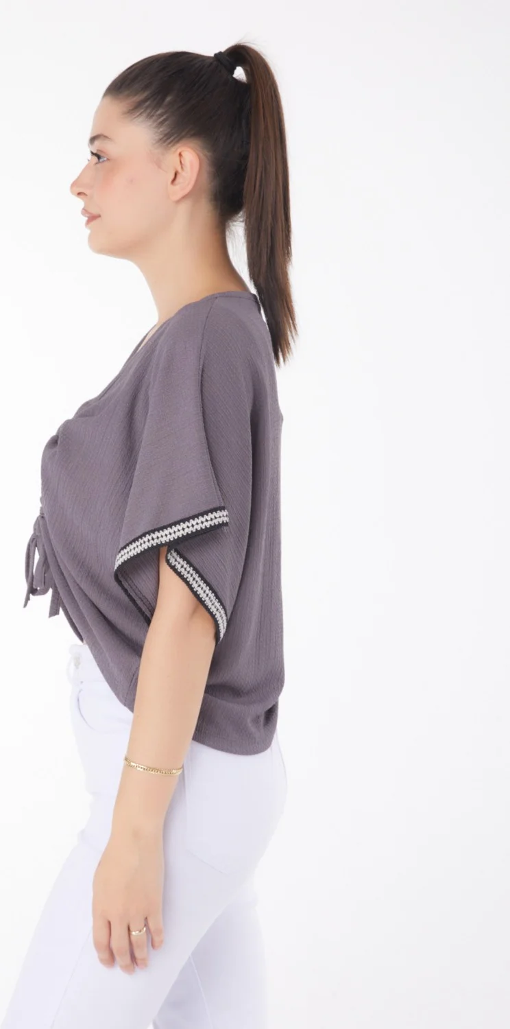 Tofisa Plain Medium Women's Anthracite V Neck Gathered Detail Blouse - 25837