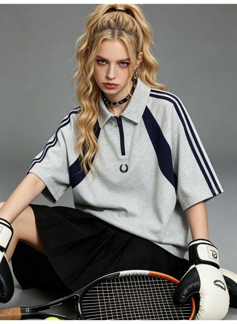 فريد بيري Fred Perry wheat ear standard couple Polo shirt American retro stitching half zipper short sleeve T-shirt loose casual sports shirt - Image 4