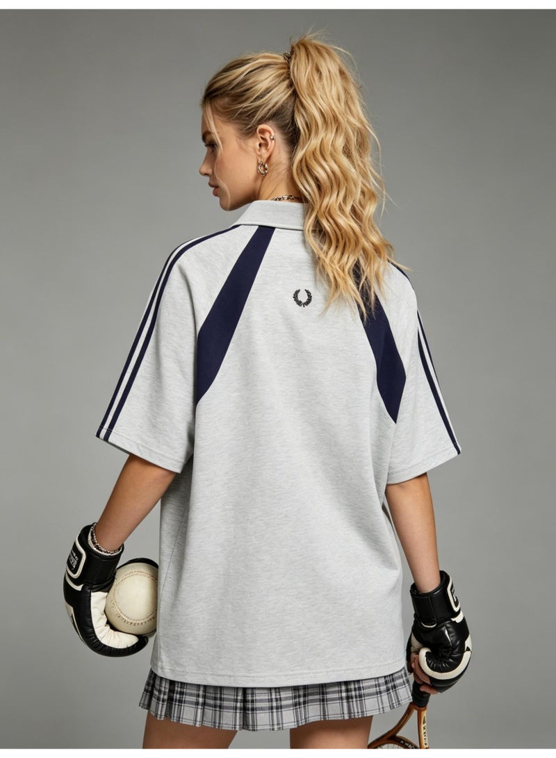 فريد بيري Fred Perry wheat ear standard couple Polo shirt American retro stitching half zipper short sleeve T-shirt loose casual sports shirt - Image 5
