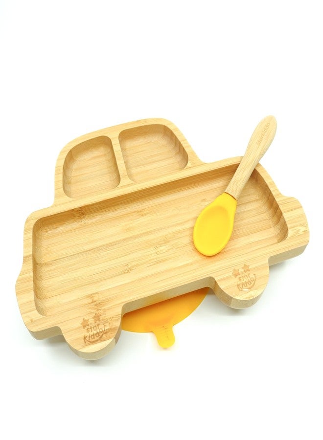StarKiddo®️ Bamboo Plate for Kids and Baby-Led Weaning | 3 Sections | Non-Toxic | Super Strong Suction Cup - Natural Bamboo | BPA Free | Baby Plate for Stay Put Feeding (Rider-Yellow) - Image 1