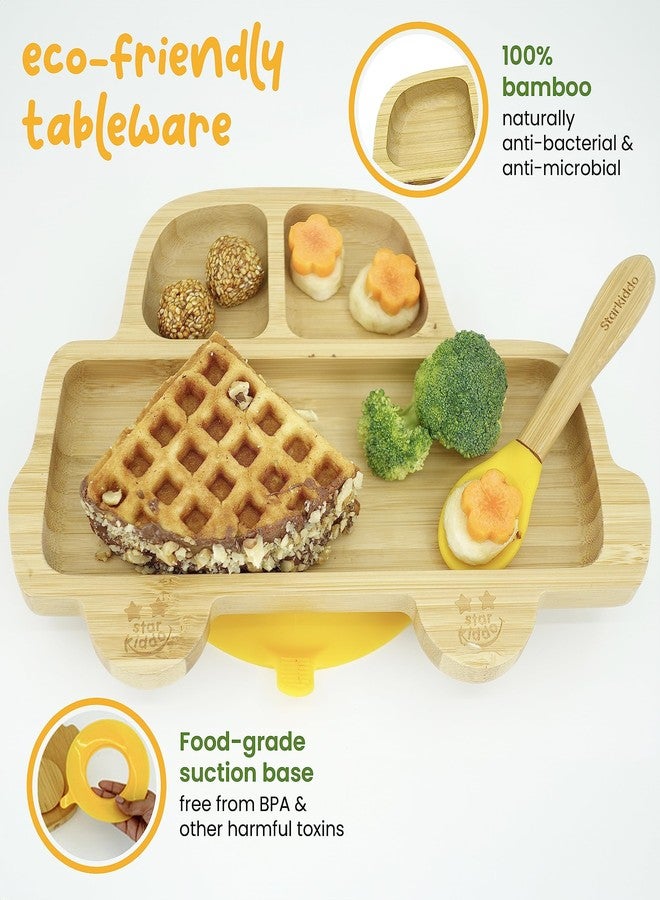 StarKiddo®️ Bamboo Plate for Kids and Baby-Led Weaning | 3 Sections | Non-Toxic | Super Strong Suction Cup - Natural Bamboo | BPA Free | Baby Plate for Stay Put Feeding (Rider-Yellow) - Image 4