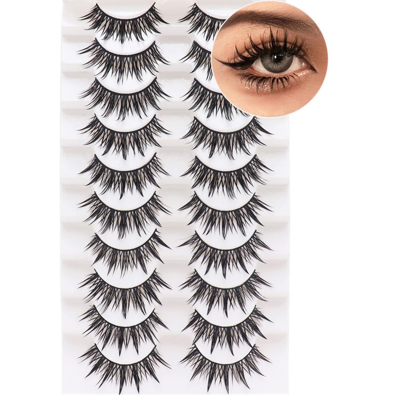 Losha Eyelashes Wispy Wet Look Manga Lashes Natural Look 18mm Spiky Anime Fake Eyelashes 10 Pairs Handmade Faux Mink Lashes Pack (02) - Image 1