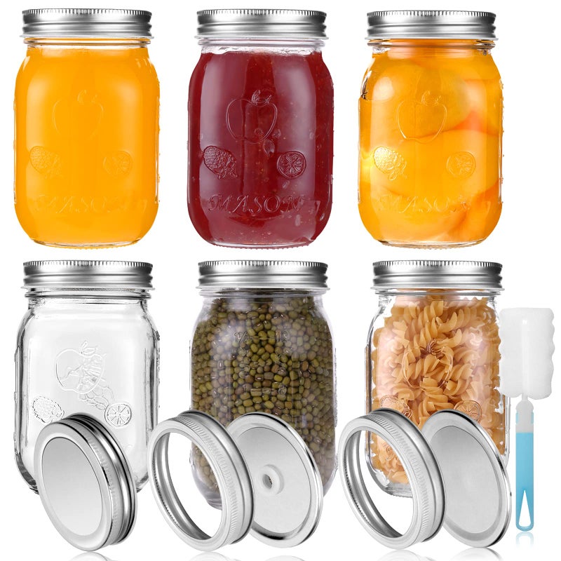 YUEYEE Glass Mason Jars with LidsFood Storage Jars 16oz  450ml for Homemade Food Preserving JamHoney YogurtPickle and Beans Canning Jars with 18pcs Spare Lids 6 Pack Overnight Oats Jar