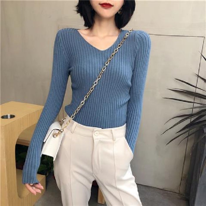 Versatile Fashion V-Neck Knitted Base Shirt Top Women'S Tight Vertical Slim-Fit Sweater Trendy - Image 1