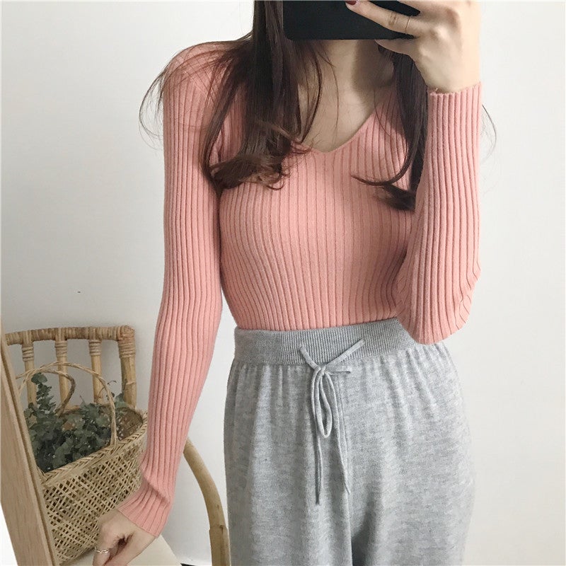 Versatile Fashion V-Neck Knitted Base Shirt Top Women'S Tight Vertical Slim-Fit Sweater Trendy - Image 4