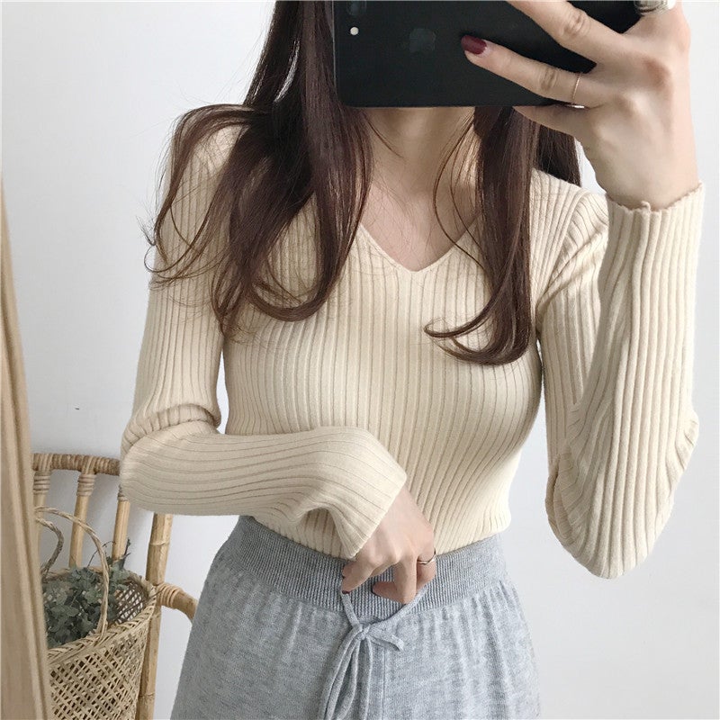 Versatile Fashion V-Neck Knitted Base Shirt Top Women'S Tight Vertical Slim-Fit Sweater Trendy - Image 2