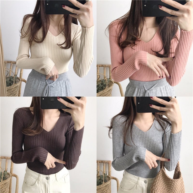Versatile Fashion V-Neck Knitted Base Shirt Top Women'S Tight Vertical Slim-Fit Sweater Trendy - Image 3