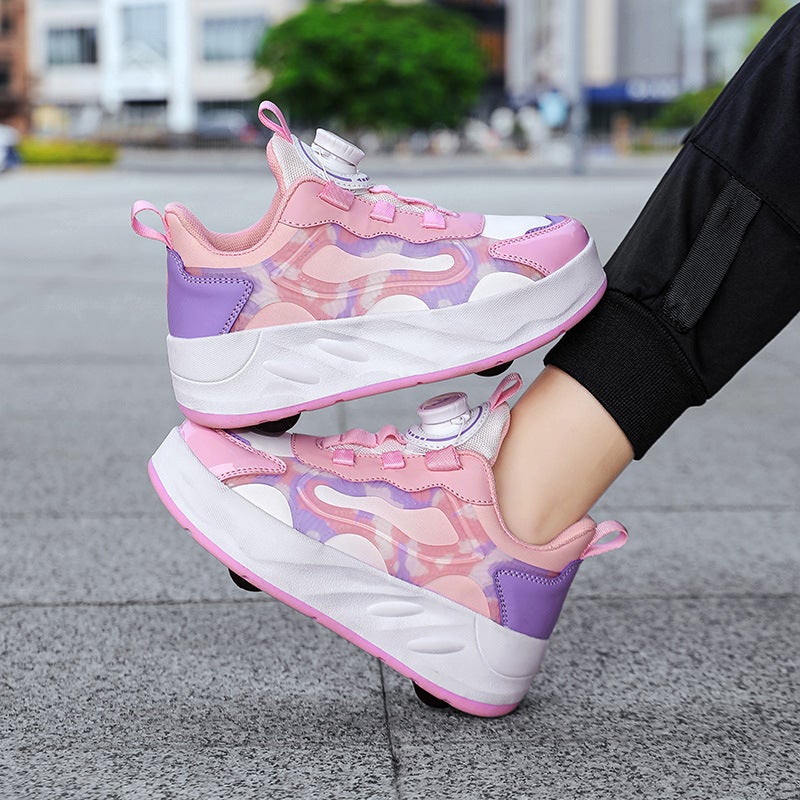 Generic Womens Outdoor Sports Roller Skates Charging Switch Glowing Shoes Single Row Wheel Childrens Sliding Shoes Double Wheel 887 pink small four-wheel no belt 