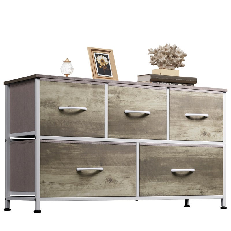 WLIVE Dresser for Bedroom with 5 Drawers, Wide Chest of Drawers, Fabric Dresser, Storage Organizer Unit with Fabric Bins for Closet, Living Room, Hallway, Greige Oak - Image 1