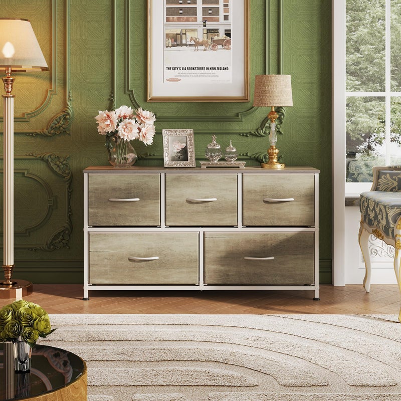 WLIVE Dresser for Bedroom with 5 Drawers, Wide Chest of Drawers, Fabric Dresser, Storage Organizer Unit with Fabric Bins for Closet, Living Room, Hallway, Greige Oak - Image 3