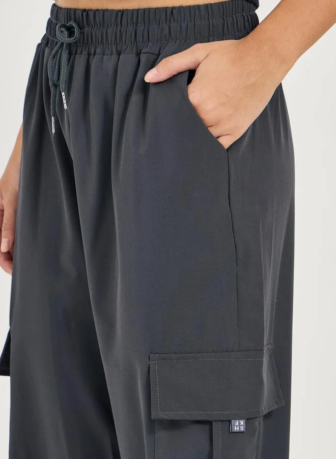 Styli Solid Wide Leg Drawstring Cargo Joggers