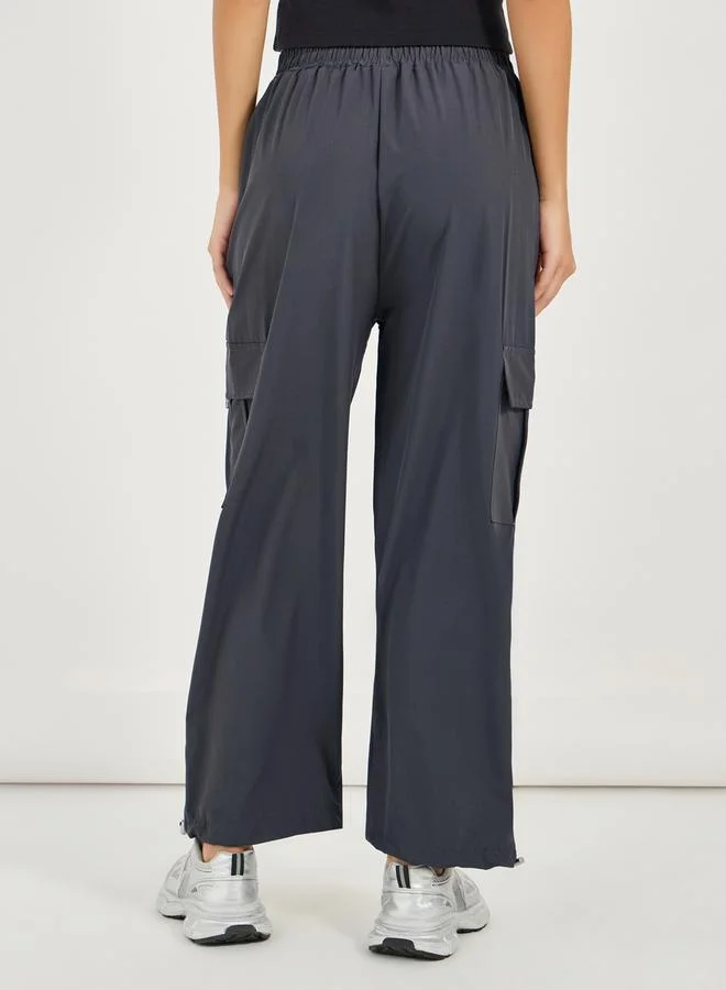 Styli Solid Wide Leg Drawstring Cargo Joggers