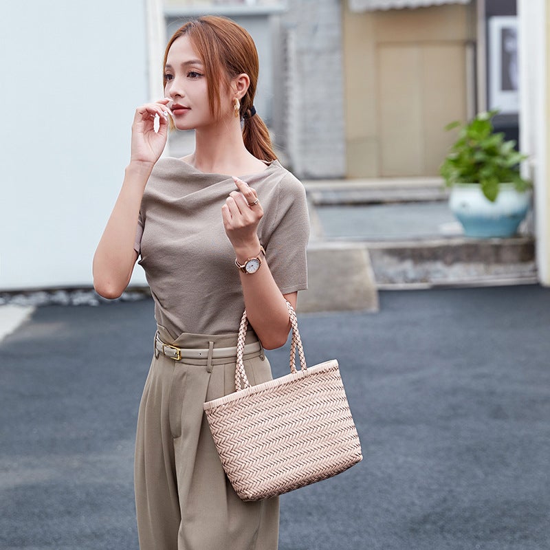 2025 Spring New Arrival Woven Bag Dragon French Vegetable Basket Bag Genuine Leather Crossbody Bag Women'S Ins Style - Image 1
