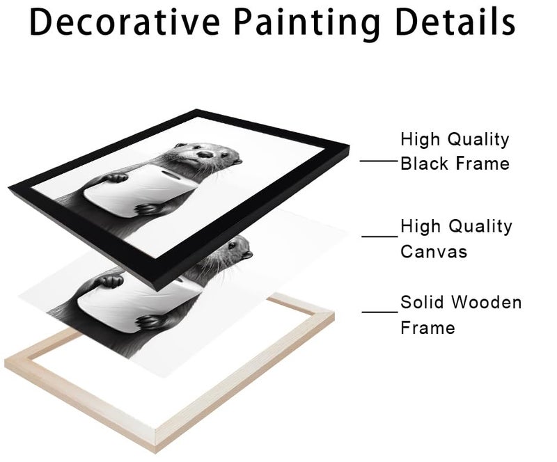 Melpa Art Bathroom Picture Wall Decor, Framed Black and White Bathroom Wall Art, Toilet Paper in Little Funny Raccoon's Hand Animal Canvas Print Painting - Image 5