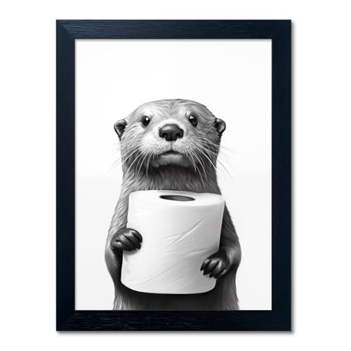 Melpa Art Bathroom Picture Wall Decor, Framed Black and White Bathroom Wall Art, Toilet Paper in Little Funny Raccoon's Hand Animal Canvas Print Painting - Image 1