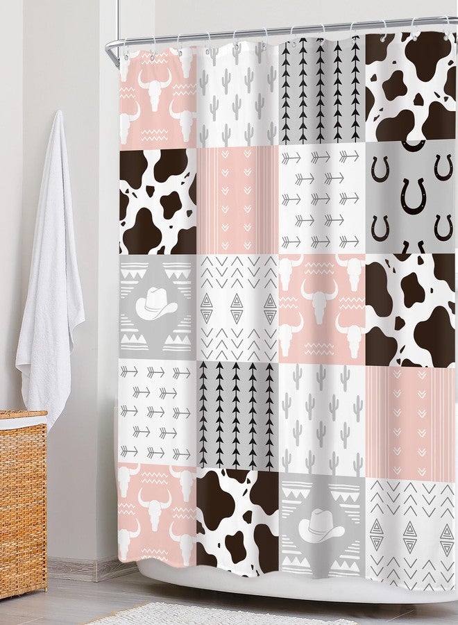 Newsely Pink Western Patchwork Shower Curtain 60Wx72L Inch West Cow Cactus Print Pink and Grey Cowboy Cowgirl Boys Girls Nursery Bathroom Set Cute Waterproof Bath Decoration Accessories Home Decor - Image 3