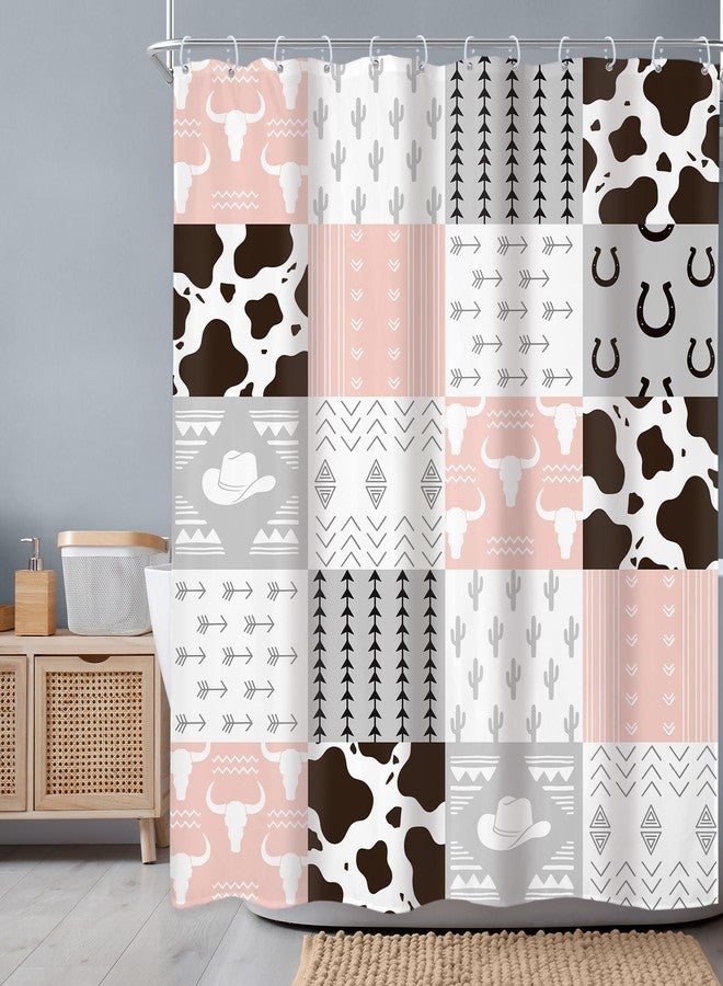 Newsely Pink Western Patchwork Shower Curtain 60Wx72L Inch West Cow Cactus Print Pink and Grey Cowboy Cowgirl Boys Girls Nursery Bathroom Set Cute Waterproof Bath Decoration Accessories Home Decor - Image 2