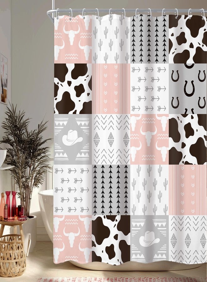 Newsely Pink Western Patchwork Shower Curtain 60Wx72L Inch West Cow Cactus Print Pink and Grey Cowboy Cowgirl Boys Girls Nursery Bathroom Set Cute Waterproof Bath Decoration Accessories Home Decor - Image 1