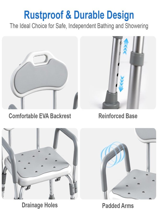 BlessReach Shower Chair for Elderly and Disabled with Arms, Heavy Duty Adjustable Height Bath Seat for Inside Shower or Tub, Slip Resistant, Padded Backrest & Armrest, Supports 500 lb, Gray - Image 5