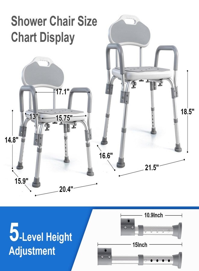 BlessReach Shower Chair for Elderly and Disabled with Arms, Heavy Duty Adjustable Height Bath Seat for Inside Shower or Tub, Slip Resistant, Padded Backrest & Armrest, Supports 500 lb, Gray - Image 2
