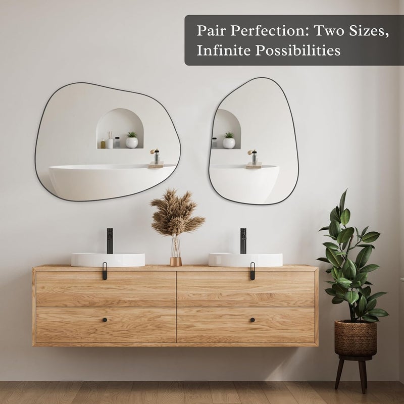 PERFNIQUE مرآة جدارية غير منتظمة الشكل من PERFNIQUE، مرآة غير متماثلة الأشكال، مقاس 27'' x 19''، لون أسود، مناسبة للحمامات والغرف النوم وغرف المعيشة ومداخل المنازل، زينة جدارية حديثة وأنيقة، مثبتة على الجدار (أسود، 27'' x 19'') - Image 5