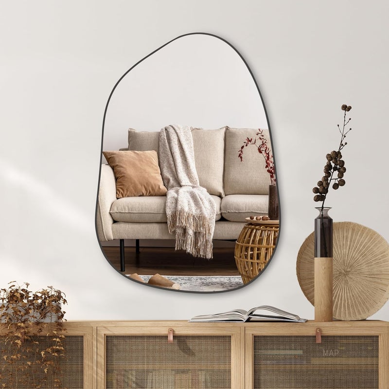 PERFNIQUE مرآة جدارية غير منتظمة الشكل من PERFNIQUE، مرآة غير متماثلة الأشكال، مقاس 27'' x 19''، لون أسود، مناسبة للحمامات والغرف النوم وغرف المعيشة ومداخل المنازل، زينة جدارية حديثة وأنيقة، مثبتة على الجدار (أسود، 27'' x 19'') - Image 1