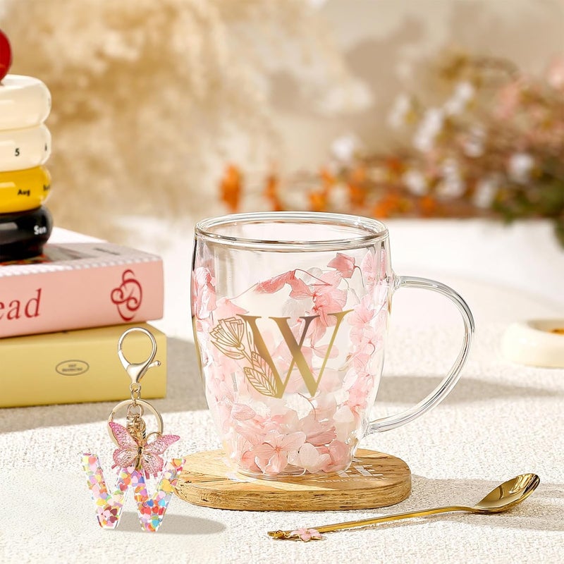 BigNoseDeer Gifts for Women Glass Coffee Mugs Unique Birthday Gift for Women Her Ladies Espresso Tea Cups Personalised Friendship Wedding Gifts Cute Double Walled Glass Mugs Pink Stuff Graduation Gift (Letter W) - Image 4