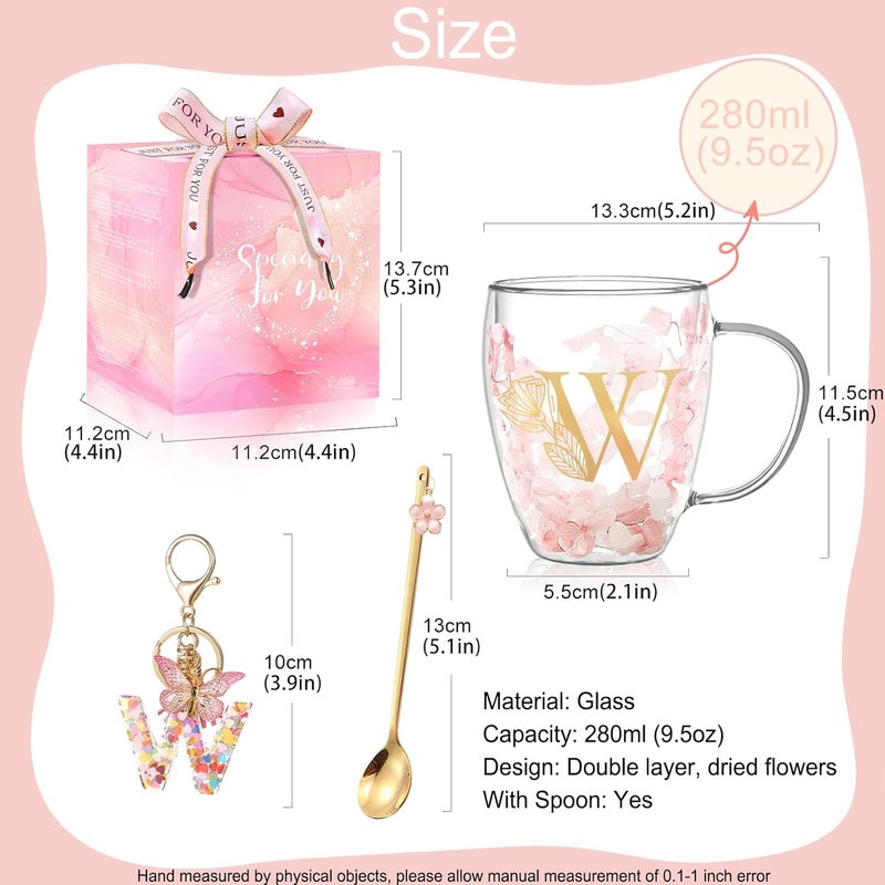 BigNoseDeer Gifts for Women Glass Coffee Mugs Unique Birthday Gift for Women Her Ladies Espresso Tea Cups Personalised Friendship Wedding Gifts Cute Double Walled Glass Mugs Pink Stuff Graduation Gift (Letter W) - Image 5
