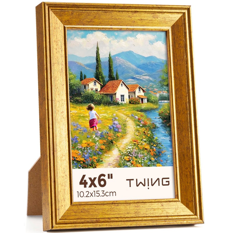TWING 4x6 Picture FramesDisplay Pictures 3x5 with Mat or 4x6 Without MatVintage Picture Frames for Wall Mounting or Table DisplayRustic Gold1 Pack