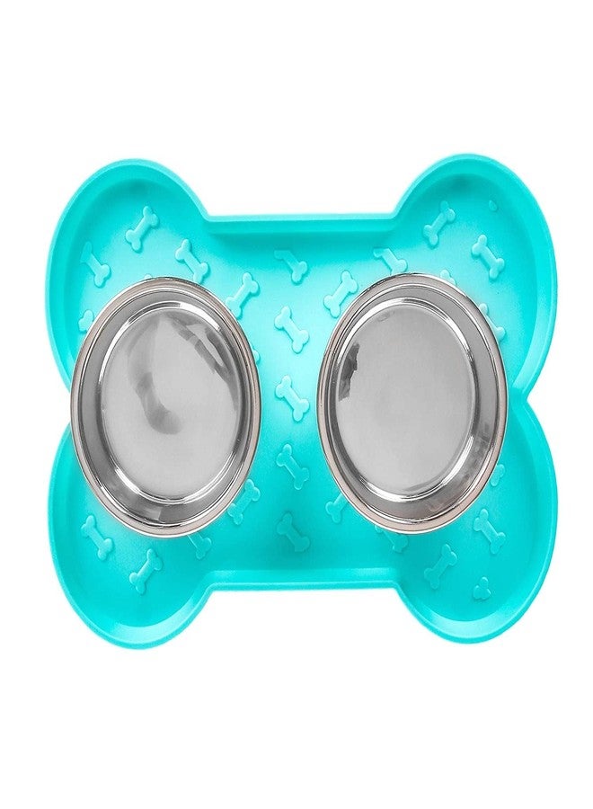 AniMax Bone Shape Tray Anti Skid With Stainless Steel Bowl (Specially For Dog)-520 Ml (Tourquise),?18 cm,H_15 cm,W_18 cm - Image 1