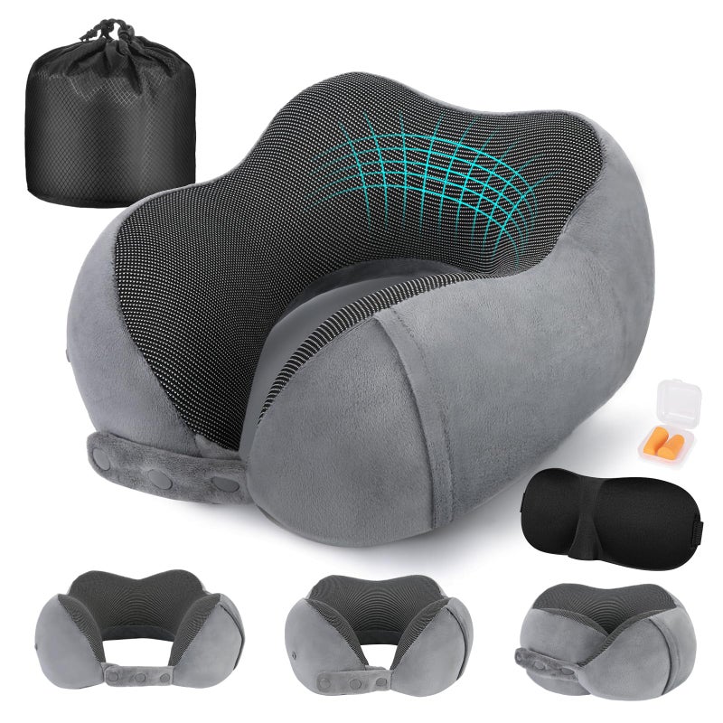 Cirorld Travel Pillow for Airplane Neck Pillow for Travel Memory Foam Travel Neck Pillow for Adults Adjustable  Compact Flight Pillow Ergonomic Neck Cushion With Ear Plugs Eye Mask Carry Bag
