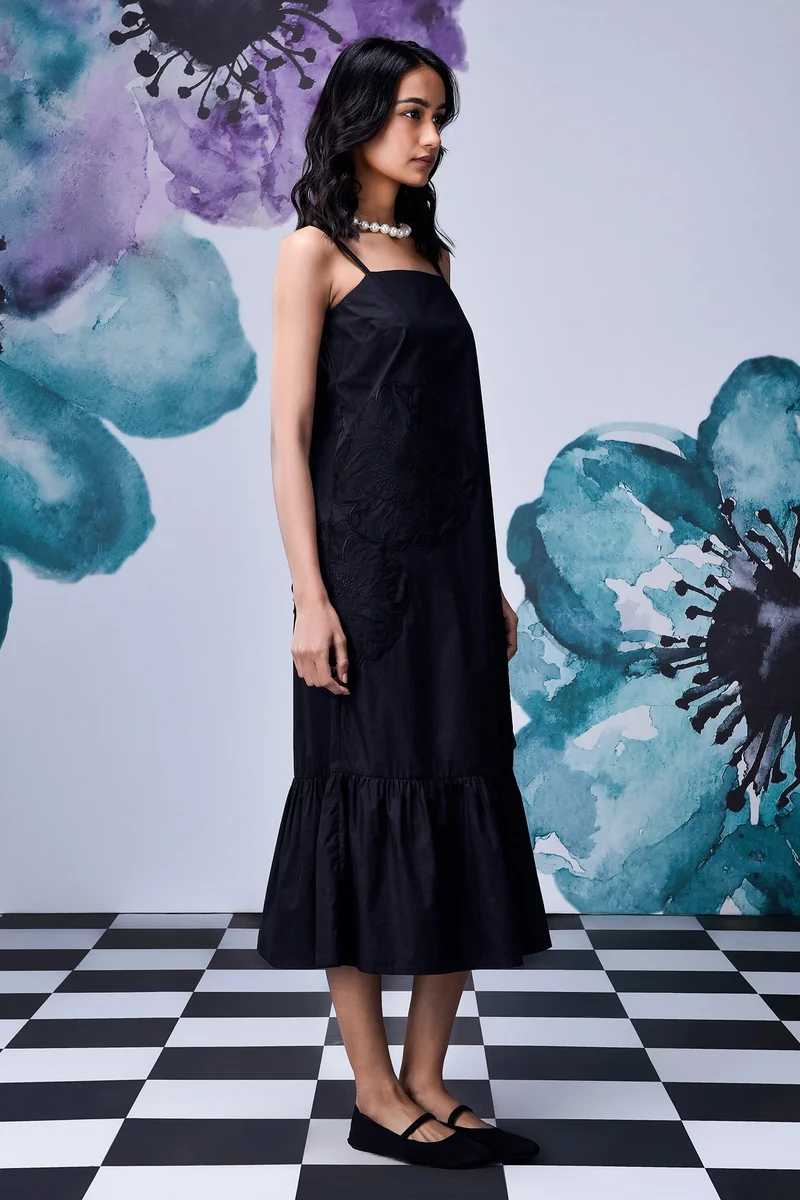 Genes Lecoanet Hemant Black Giza Cotton Poplin Strappy Midi Dress