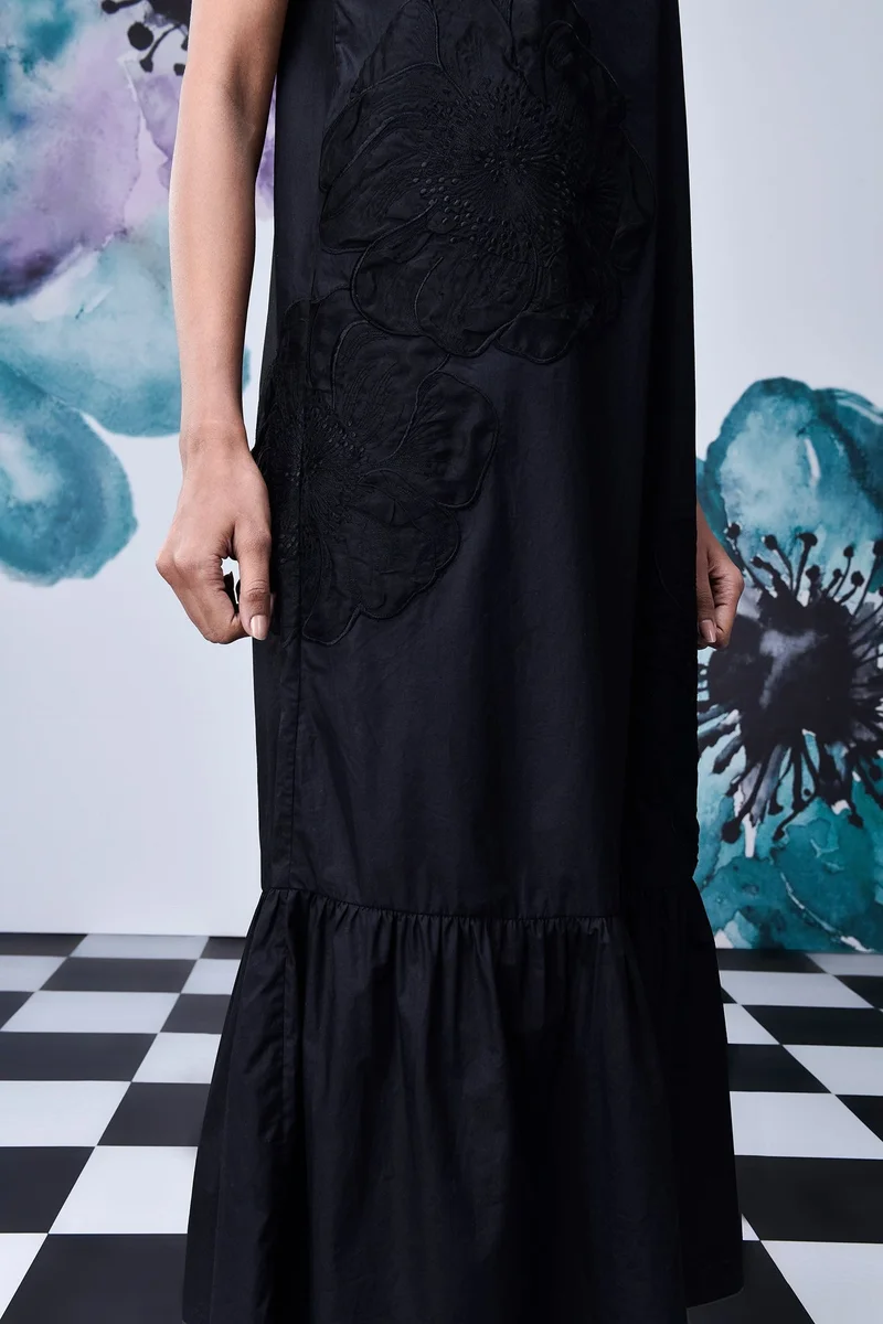 Genes Lecoanet Hemant Black Giza Cotton Poplin Strappy Midi Dress