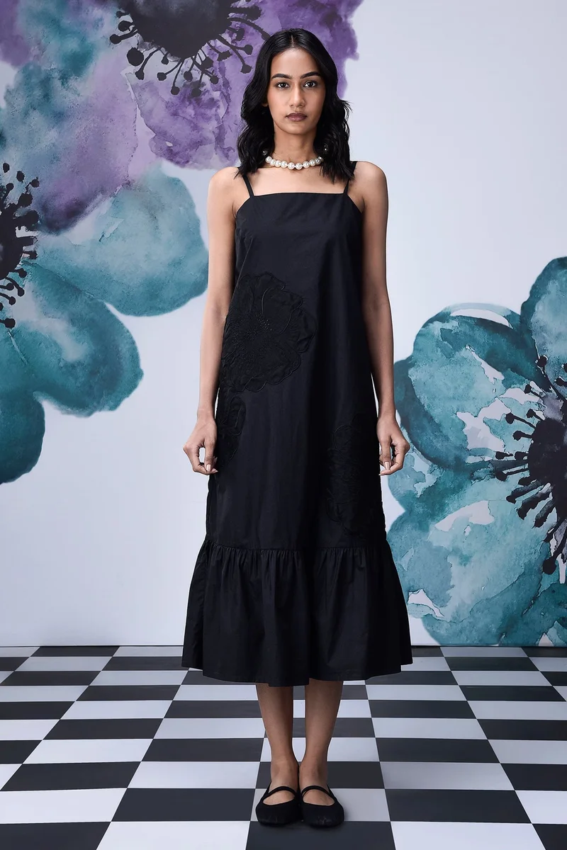Genes Lecoanet Hemant Black Giza Cotton Poplin Strappy Midi Dress