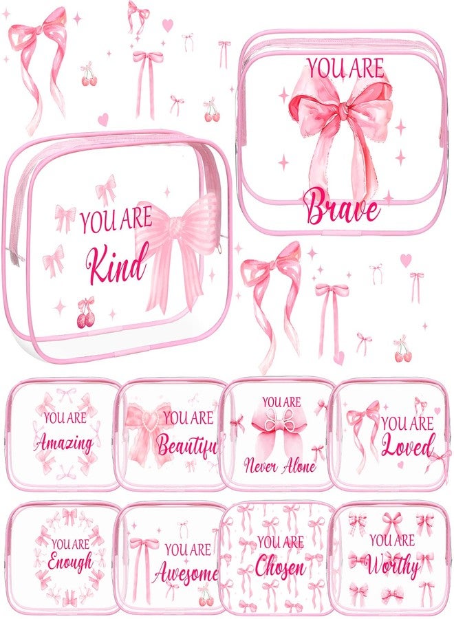Kacctyen 10 Pcs Inspirational Pink Bow Makeup Bag 7 x 4.7 x 2.4'' Clear Coquette Stuff Cosmetic Bag Bulk Positive Affirmations Pink Bow Toiletry Pouch Waterproof PVC for Girls Women Nurse Team Bestie - Image 1
