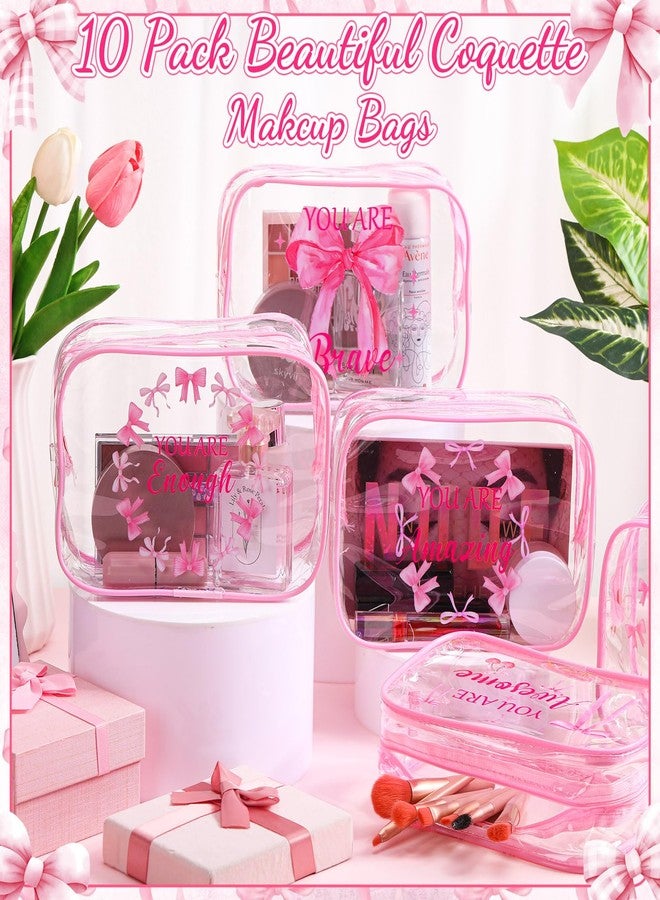 Kacctyen 10 Pcs Inspirational Pink Bow Makeup Bag 7 x 4.7 x 2.4'' Clear Coquette Stuff Cosmetic Bag Bulk Positive Affirmations Pink Bow Toiletry Pouch Waterproof PVC for Girls Women Nurse Team Bestie - Image 4