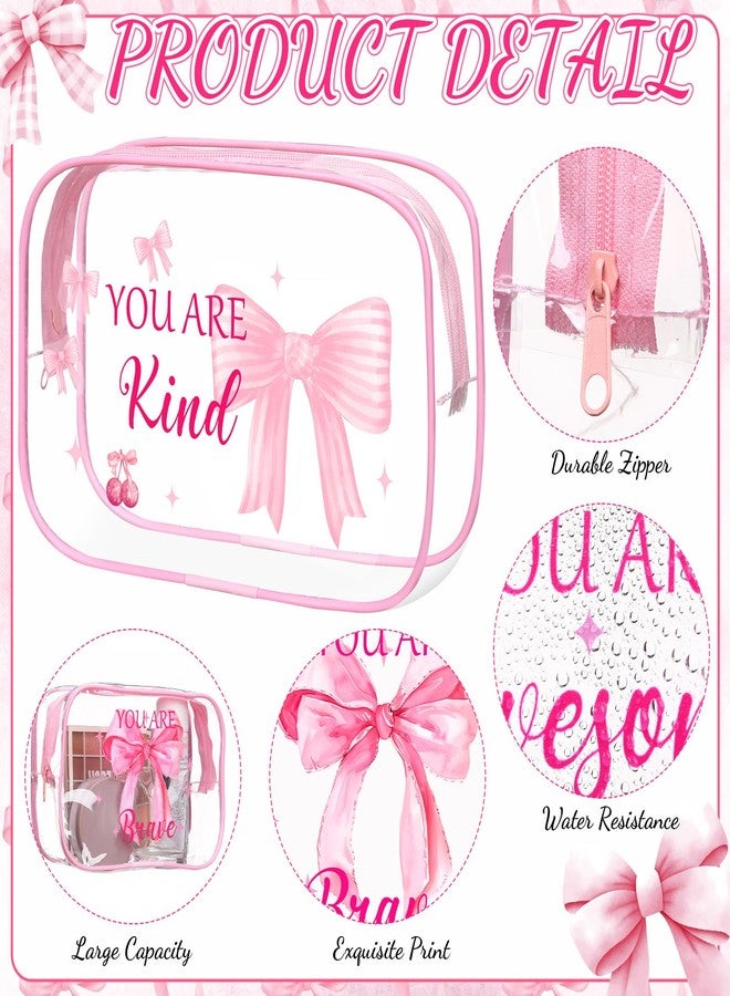 Kacctyen 10 Pcs Inspirational Pink Bow Makeup Bag 7 x 4.7 x 2.4'' Clear Coquette Stuff Cosmetic Bag Bulk Positive Affirmations Pink Bow Toiletry Pouch Waterproof PVC for Girls Women Nurse Team Bestie - Image 3