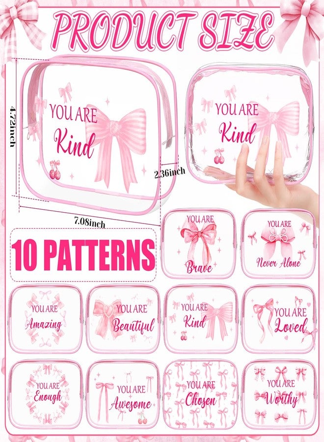 Kacctyen 10 Pcs Inspirational Pink Bow Makeup Bag 7 x 4.7 x 2.4'' Clear Coquette Stuff Cosmetic Bag Bulk Positive Affirmations Pink Bow Toiletry Pouch Waterproof PVC for Girls Women Nurse Team Bestie - Image 2