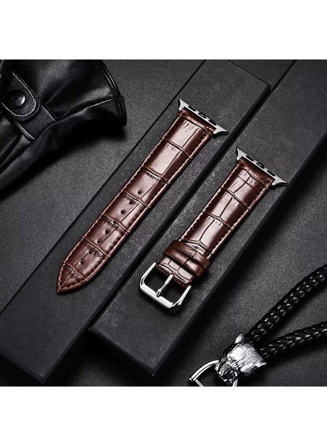 Brown Genuine Cowhide Watchband For Apple Smart Watch Bamboo Patterns Leather Strap For Iwatch Ultra 8 7 6 Se 5 4 3 2 1 With Silver Buckle 22mm