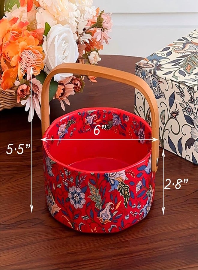 EWEIGEER Ceramic Fruit Berry Basket with Detachable Wooden Handle Candy Dish Christmas Decorations Ornaments Decorative Bowl Home Kitchen & Dining Table Office Decor(Red) - Image 3