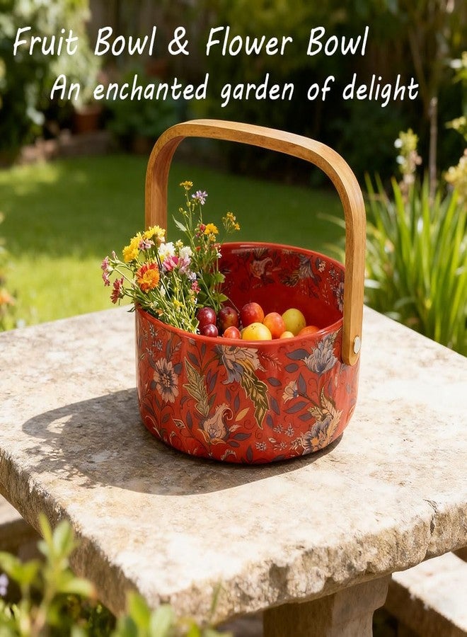 EWEIGEER Ceramic Fruit Berry Basket with Detachable Wooden Handle Candy Dish Christmas Decorations Ornaments Decorative Bowl Home Kitchen & Dining Table Office Decor(Red) - Image 5